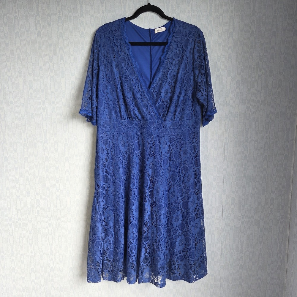 Pinup‎ Fashion Womens 18W Dress Blue Lace Surplice Rockabilly Career Cocktail